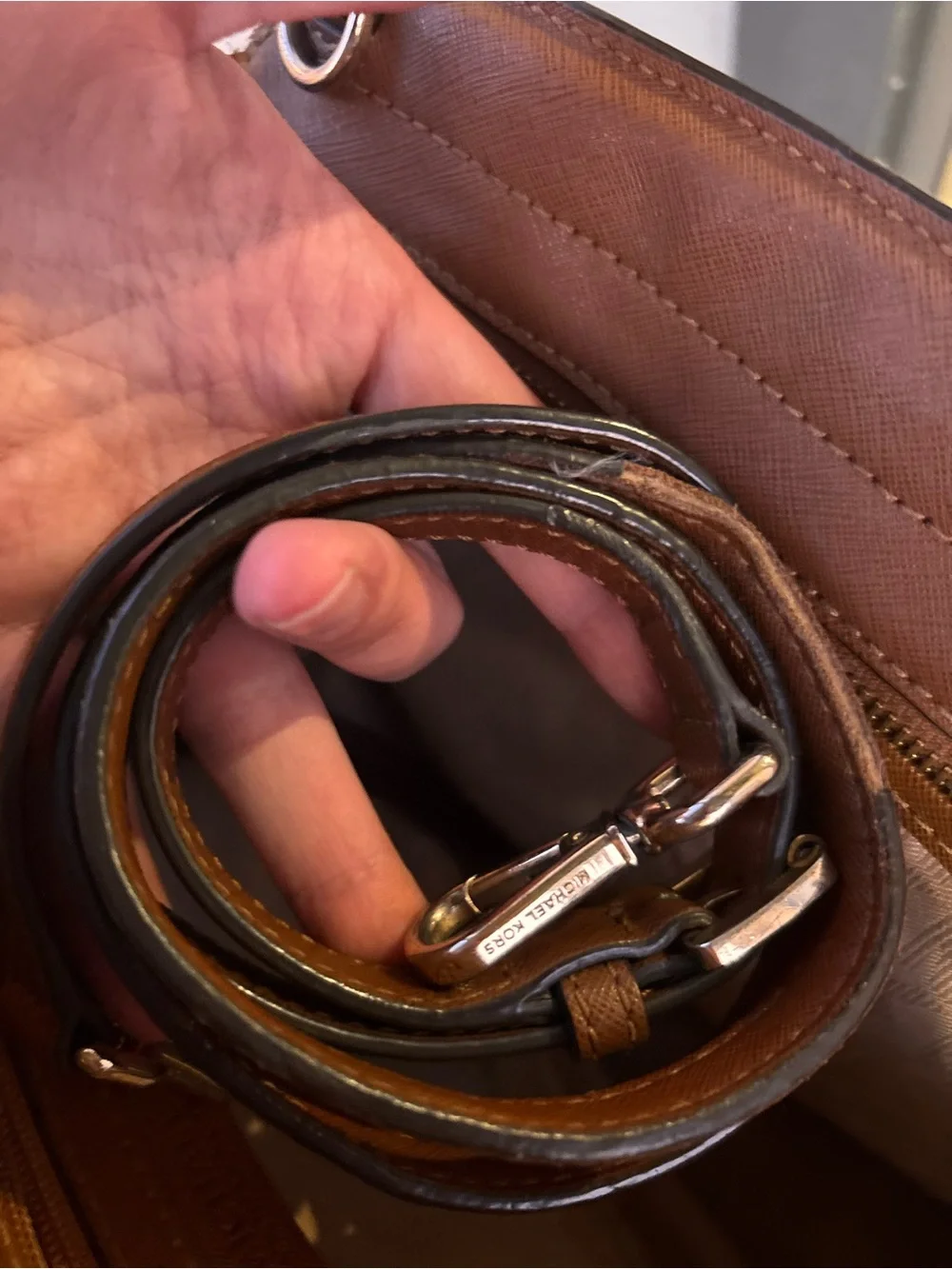 MICHAEL KORS Cognac Saffiano Leather Satchel with Gold Hardware